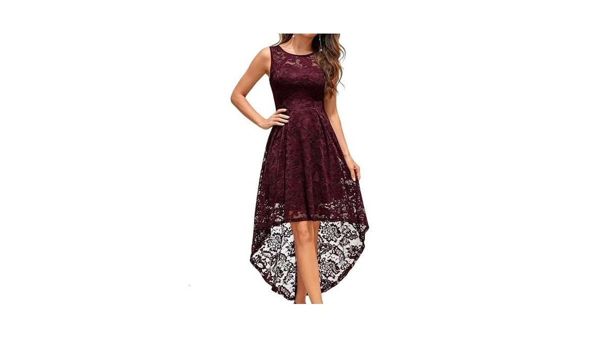 Muadress Vintage Wedding Guest Dress Tank Strap Floral Lace Hi-lo