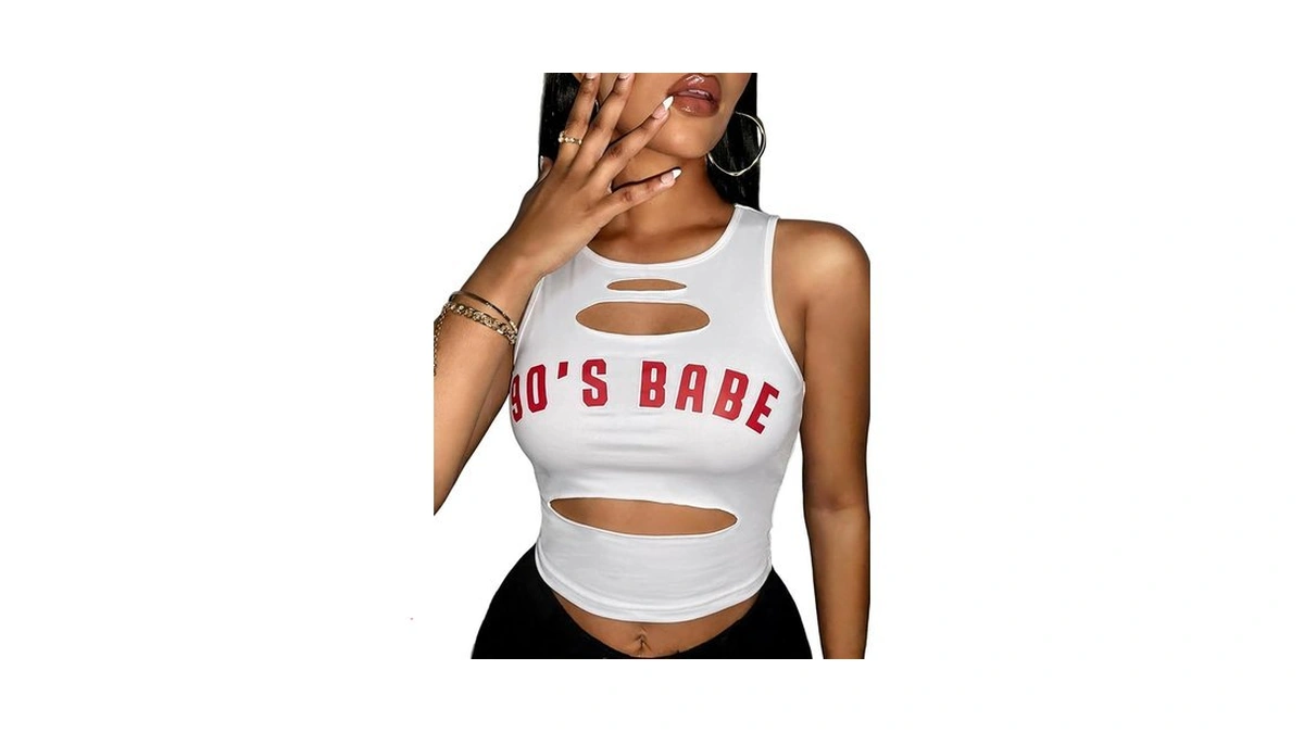 Hilinker Womens Graphic Cut Out Crop Tank Tops Sexy Sleeveless