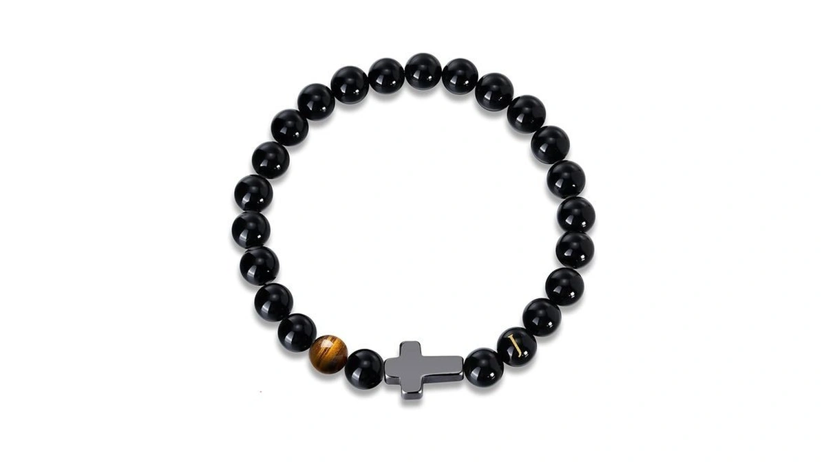 Mens Cross Bead Bracelet With Initials, Christian Rosary Obsidian A-z