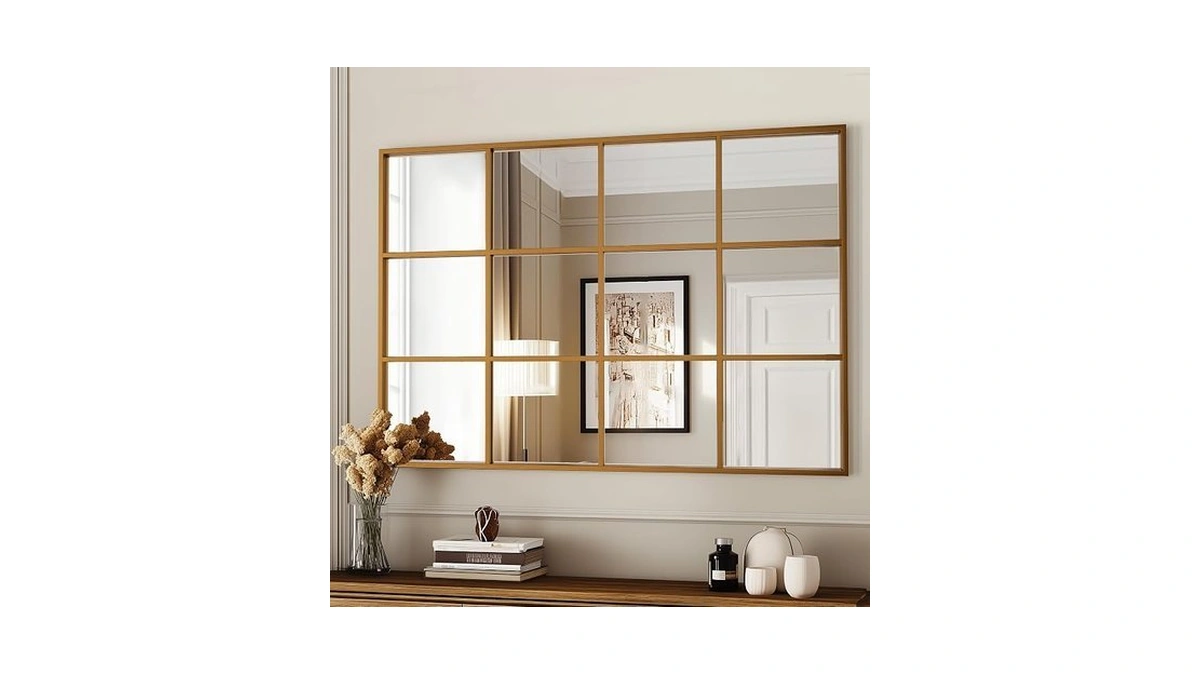 Antok Wall Mirror, 24" X 36" Window Pane Decorative Mirror,