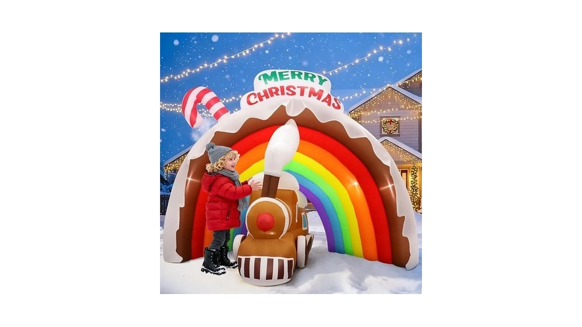 9ft Christmas Inflatables Rainbow Arch With Gingerbread Train, Large Blow