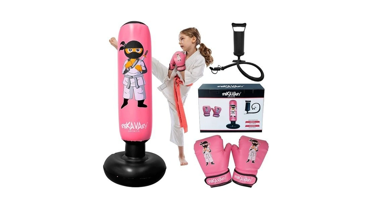 Pink Inflatable Punching Bag For Kids Complete With Boxing Gloves