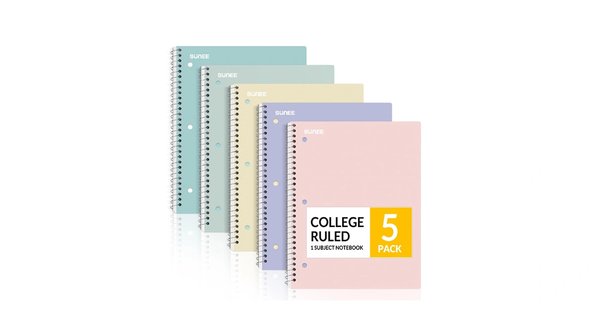 Sunee Spiral Notebooks, 1-subject, 5 Pack, College Ruled Paper, 8"