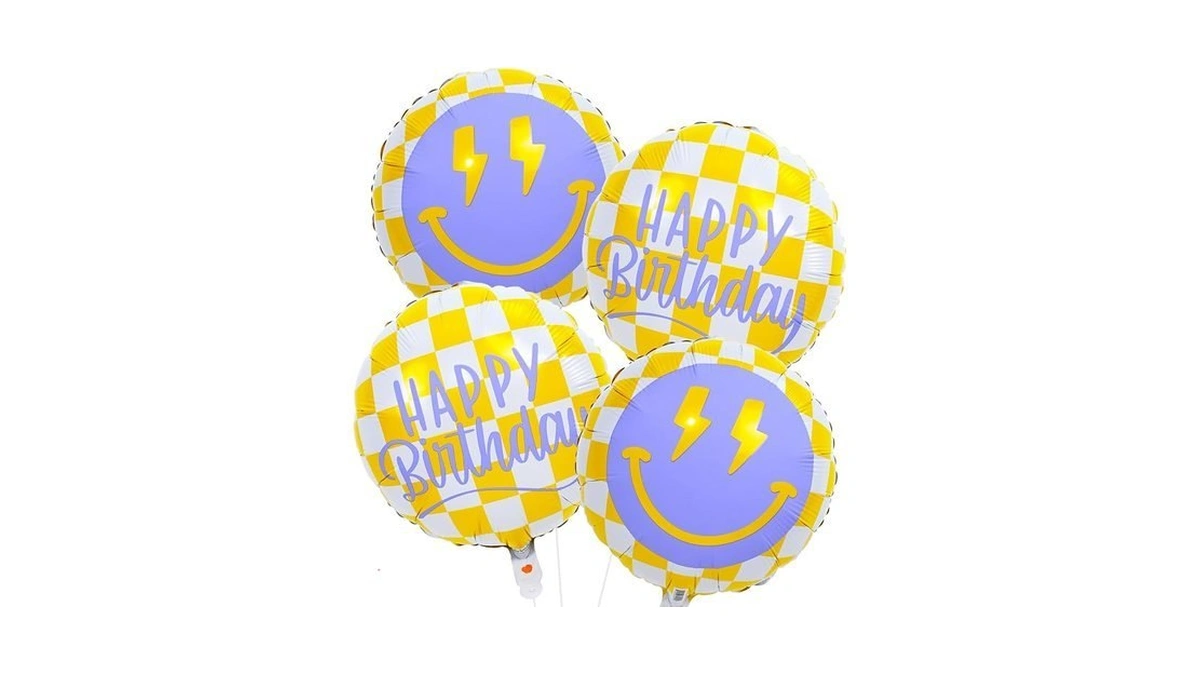 18 Inch Smile Face Birthday Foil Balloons, Yellow White Checkered