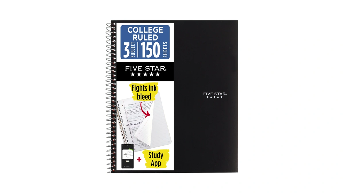 Five Star Spiral Notebook + Study App, 3 Subject, College