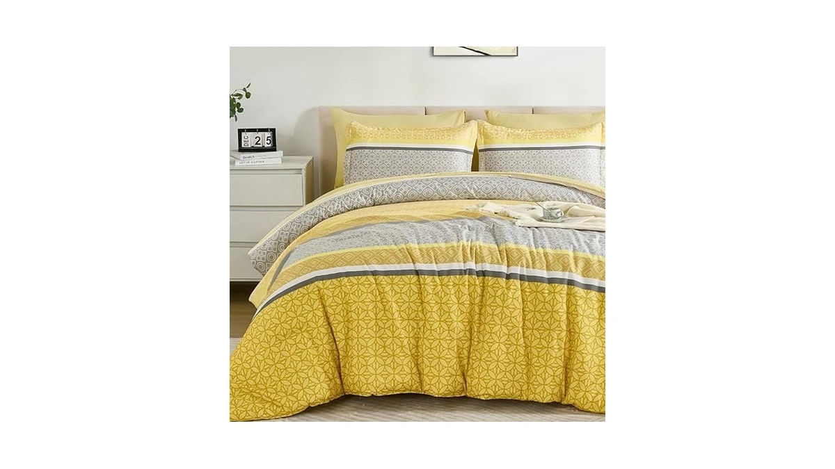 Wongs Bedding Yellow Comforter Set King Size, 7 Pieces Striped