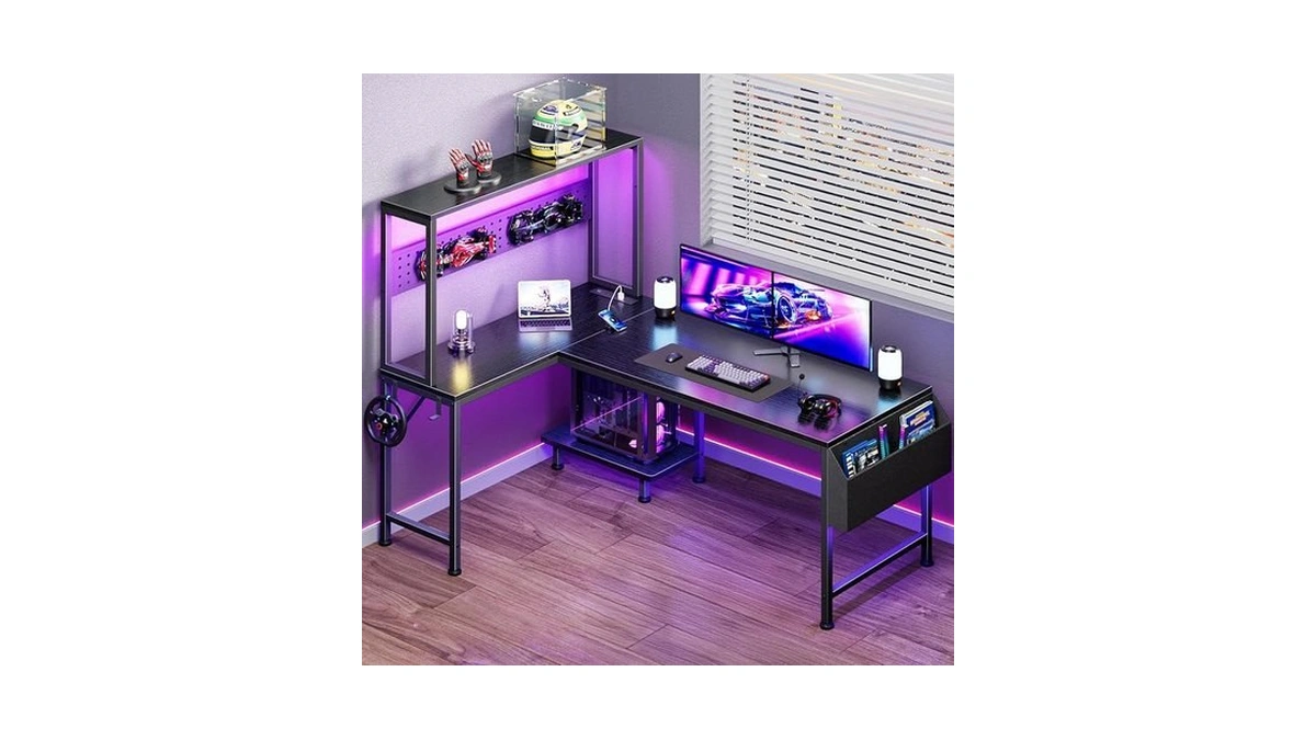 Praisun L Shaped Gaming Desk With Led Lights & Power