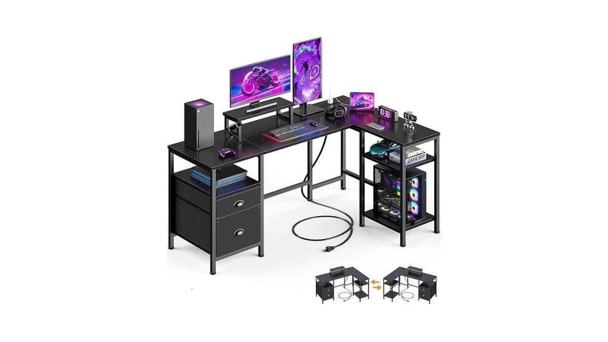 Furologee L Shaped Gaming Desk With Power Outlet, Corner Computer