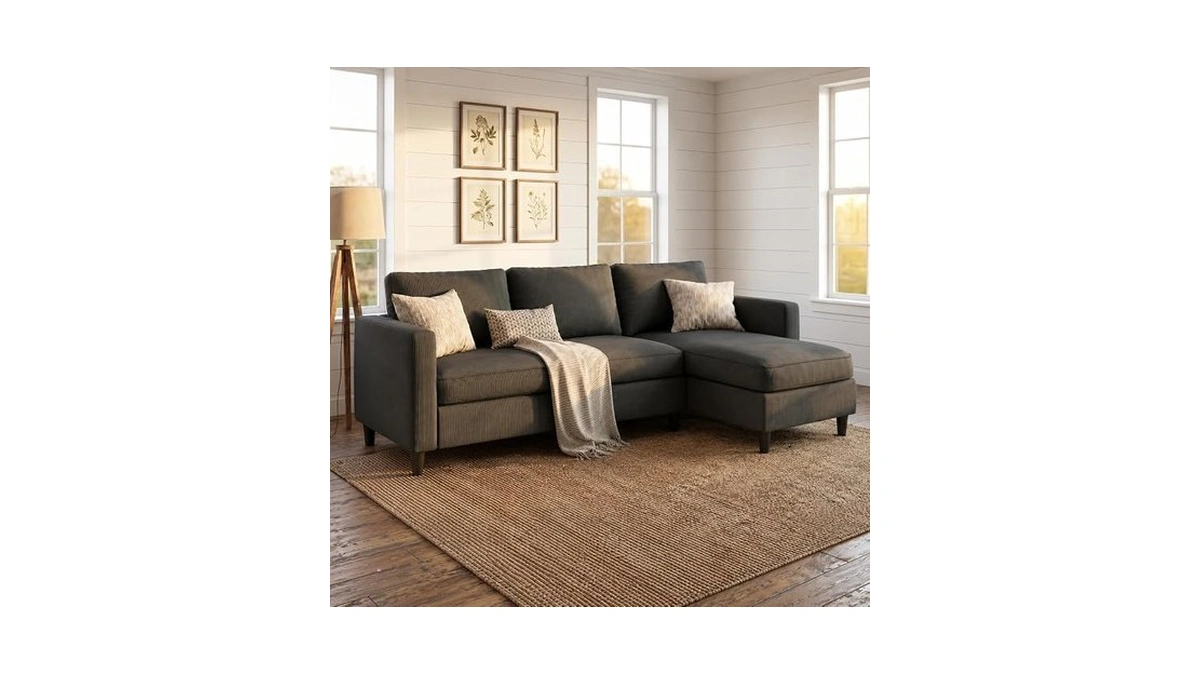 Sunlei L-shaped Sectional Couch, Modern Grey Reversible Sectional Sofa With