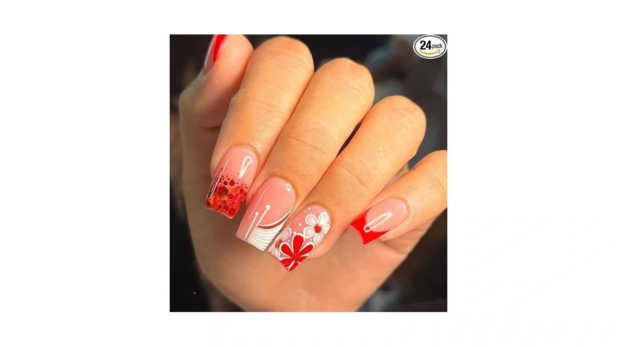 Andging Red White Press On Nails French Tip Square Short