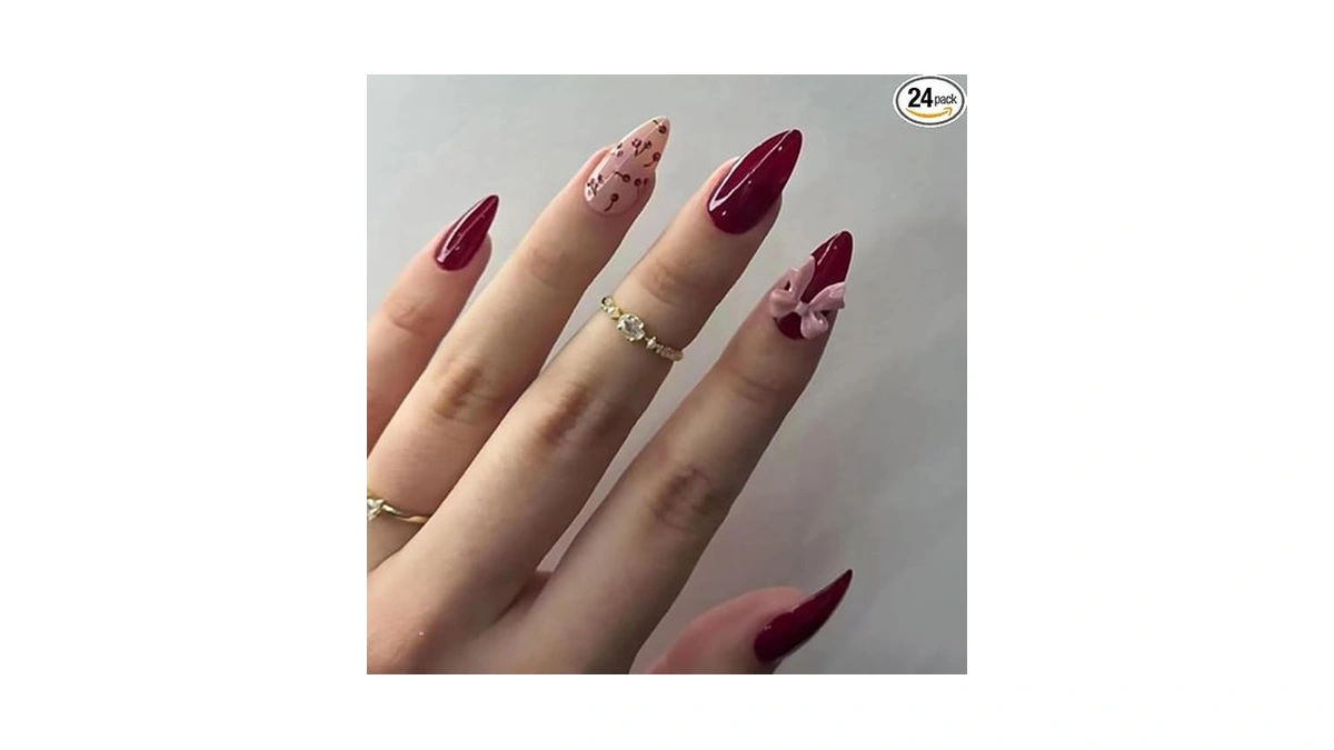 Andging Short Almond Press On Nails Red Fake Nails With