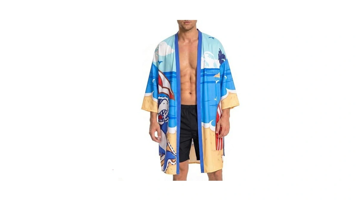 Olaola Men Lightweight Kimono Shark Robe With Belt Japanese Style