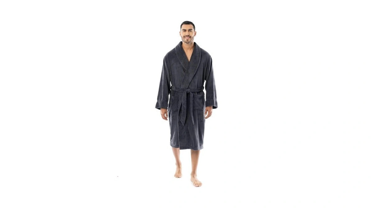 Fruit Of The Loom Men's Solid Plush Fleece Robe, Grey,