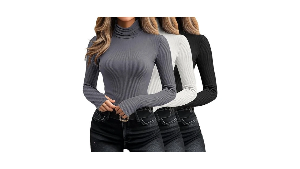 Huukeay 3 Pack Women's Long Sleeve Turtleneck Tops, Slim Fit