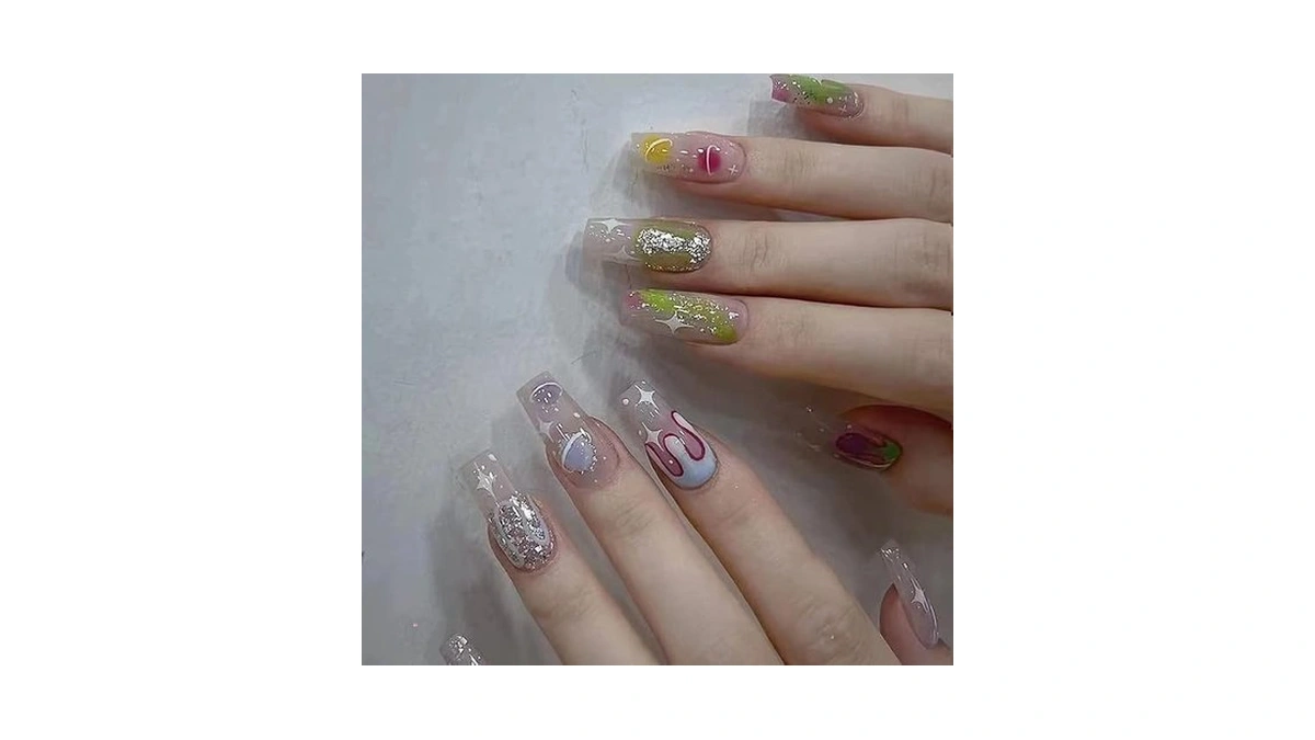 Doubnine Press On Nails Square Medium Star Celestial Green Cartoon