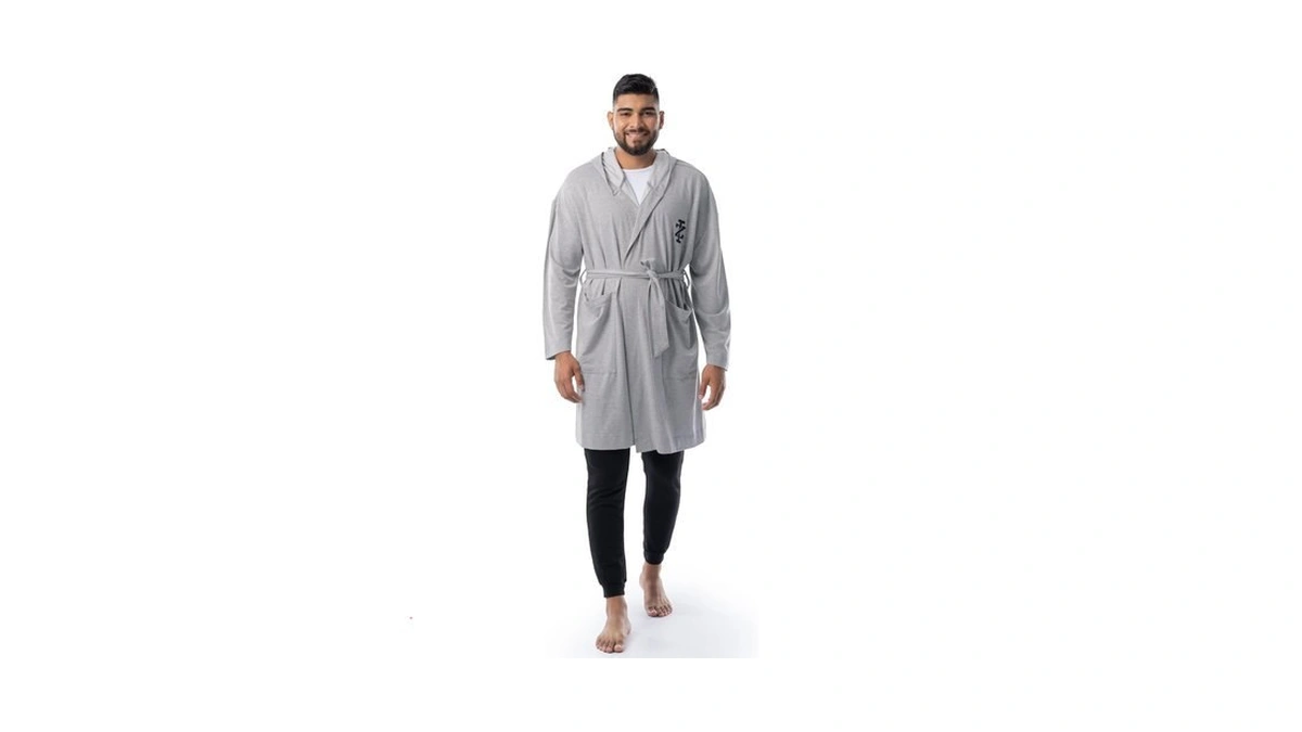 Izod Men's Micro French Terry Cloth Hooded Bathrobe, Heather Grey,