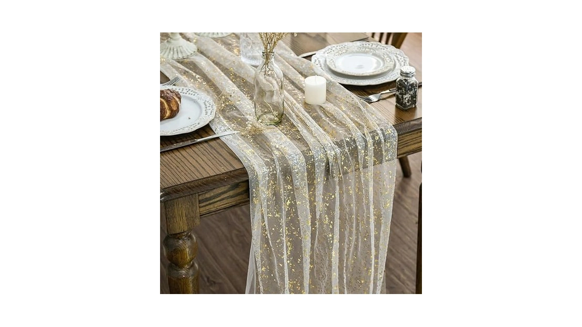 Artoid Mode Beige Gold Gauze Table Runner 120 Inch 10ft,