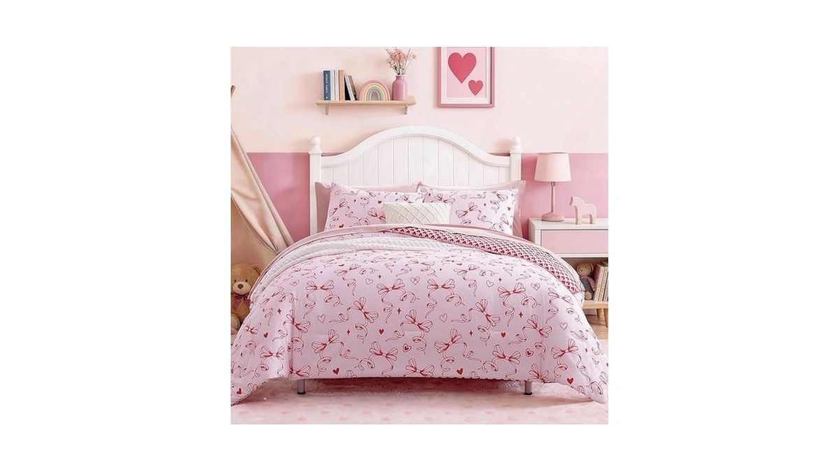 Amberspace Queen Comforter Set For Girls, Red Bow Bedding Set