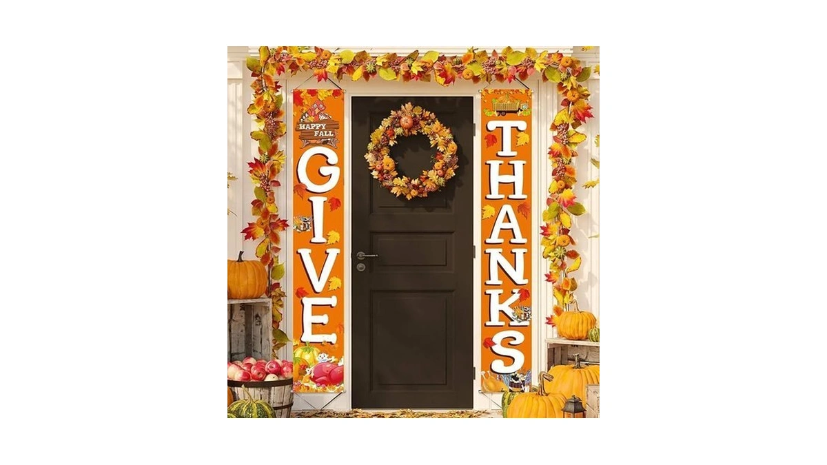 Give Thanks Hanging Banner Porch Sign Autumn Pumpkin Maple Leaf
