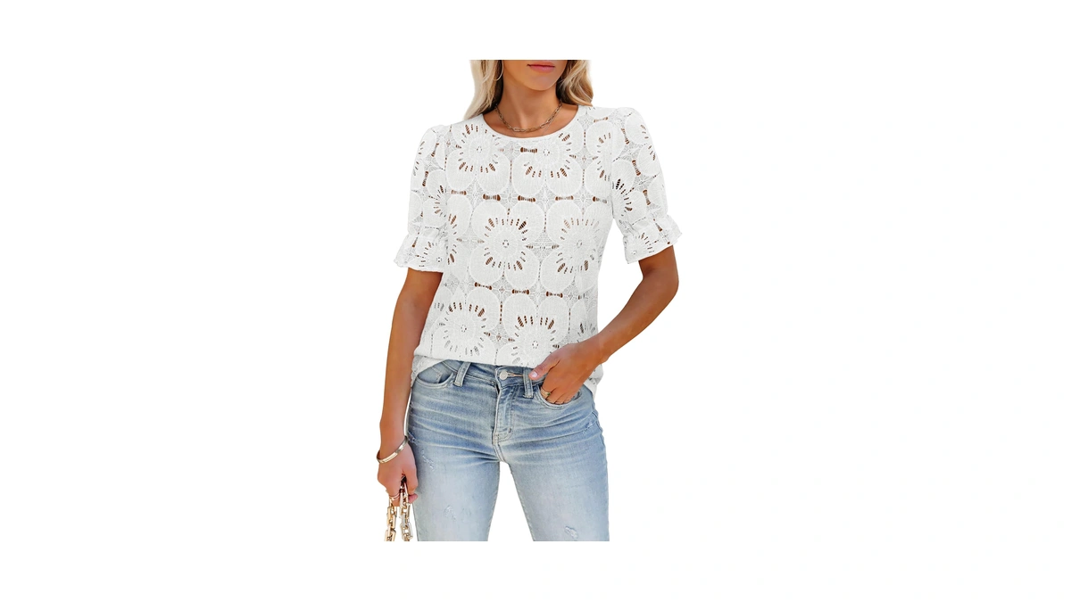 Luveer Women Eyelet Tops Puff Short Sleeve Dr...