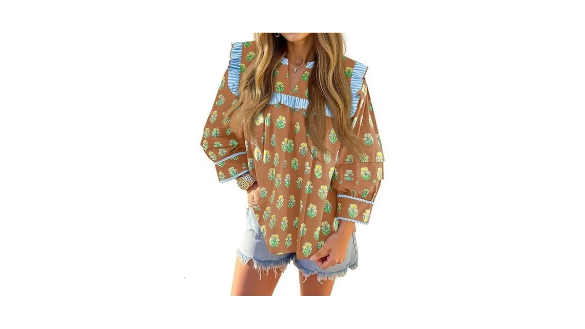 Tankaneo Womens Floral Babydoll Blouse Puff Sleeve Peplum Tops Casual