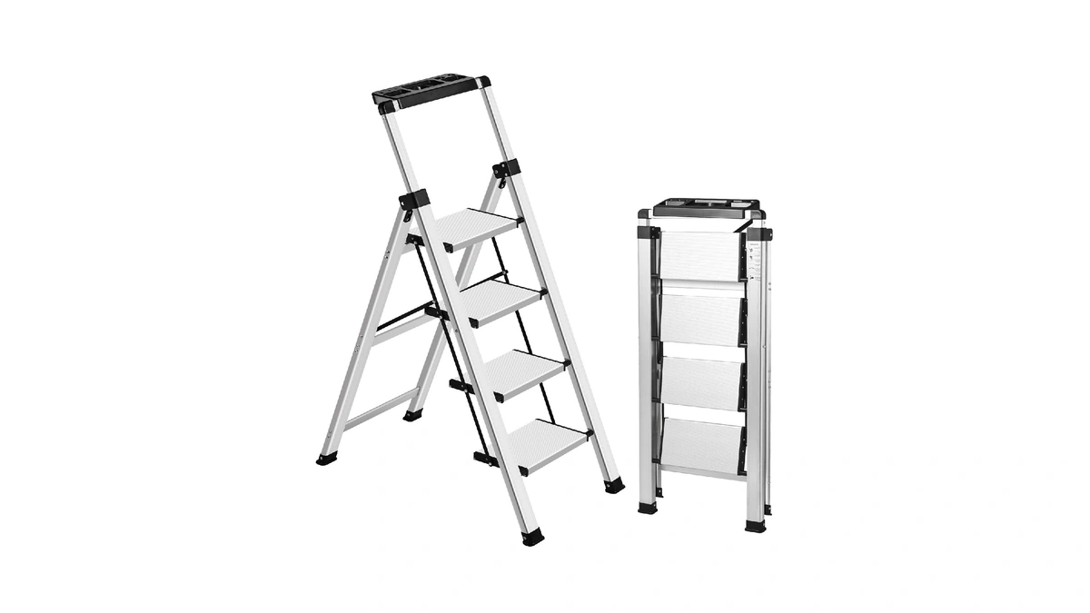 Xinsunho 4 Step Ladder, Retractable Handgrip Folding Step Stool With