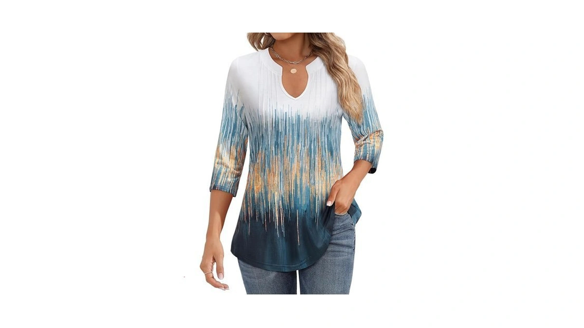 Uhiger Womens 3/4 Sleeve Tunic Tops Notch V Neck Shirts