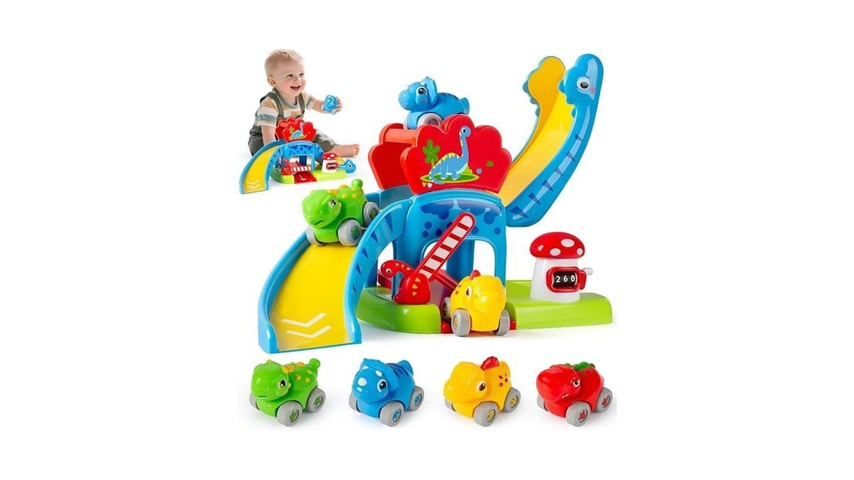 Dinosaur Car Ramp Toy For Toddlers 1-3, Drop & Go