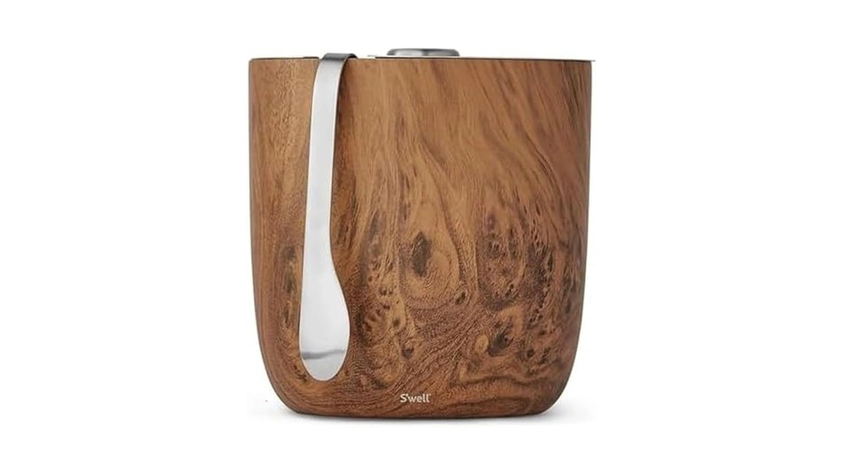 S’well Stainless Steel Ice Bucket With Tongs, 68oz Capacity, Teakwood
