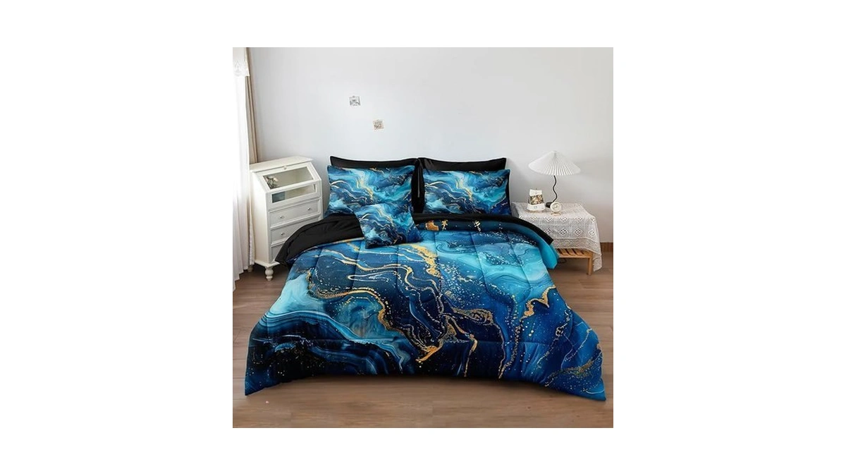 Merryword Blue Gold Marble Comforter Set King Size 8 Pcs