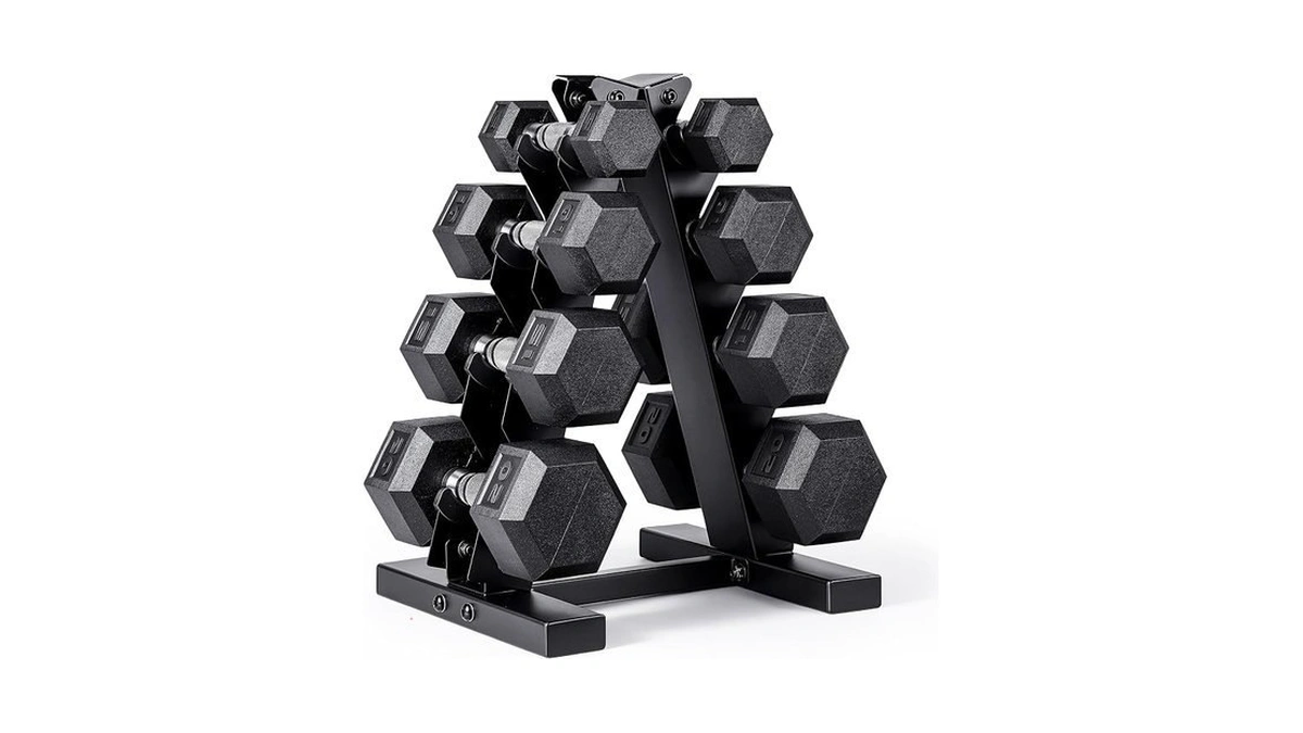 Cap 100 Lb Rubber Coated Hex Dumbbell Set With Vertical