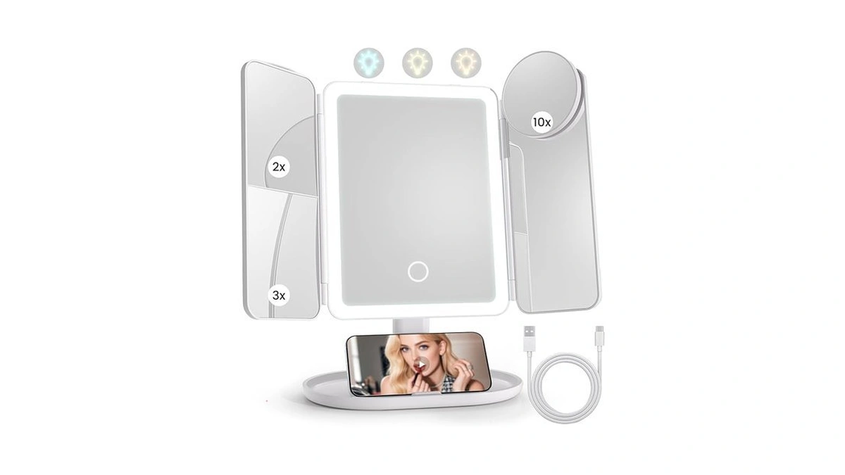 Lighted Makeup Vanity Mirror, Height Adjustable Trifold Mirror With Seamless