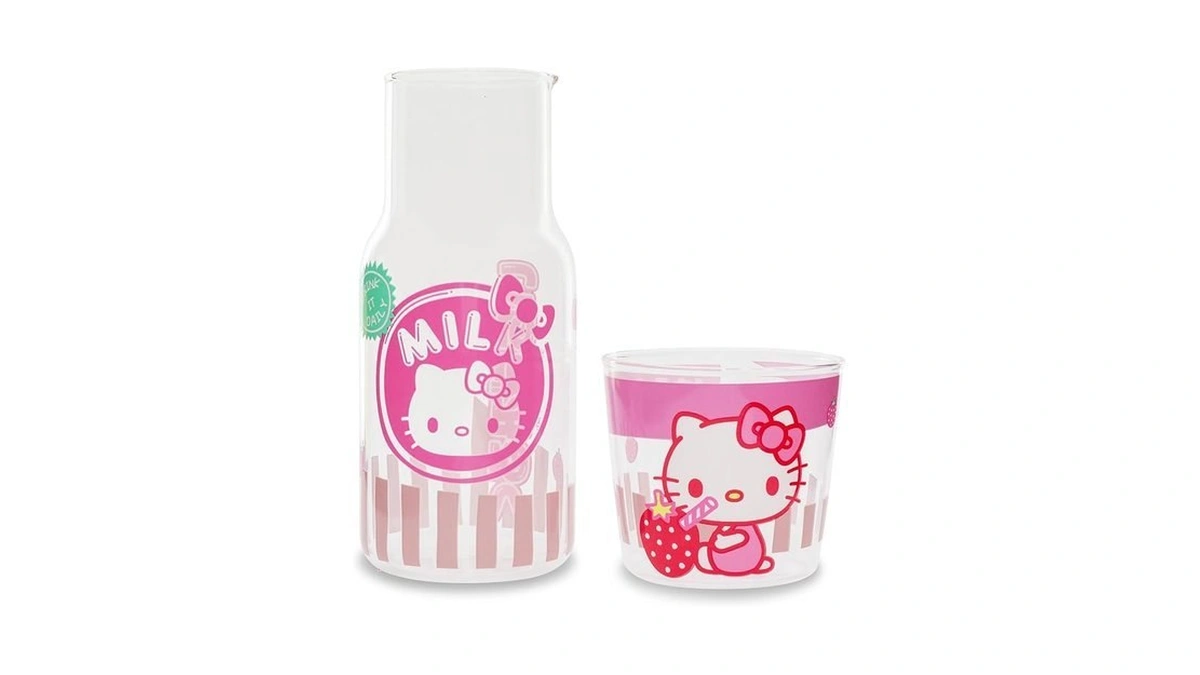 Silver Buffalo Sanrio Hello Kitty Strawberry Milk 18-ounce Glass Pitcher