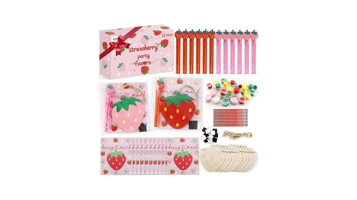 Goldentime Strawberry Party Favors Kit - 12 Pack Wooden Painting