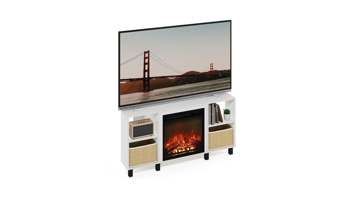 Furinno Jensen Corner Fireplace Tv Stand With 4 Open Compartments