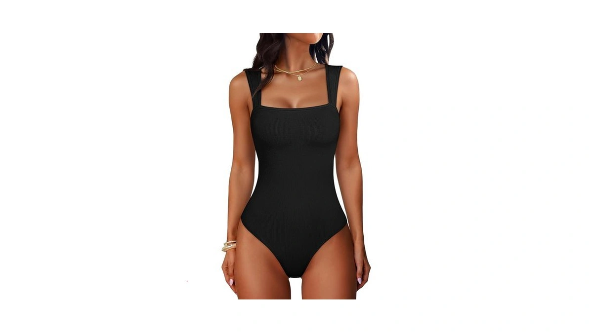Anrabess Bodysuits For Women Summer Ribbed Knit Sleeveless Square Neck