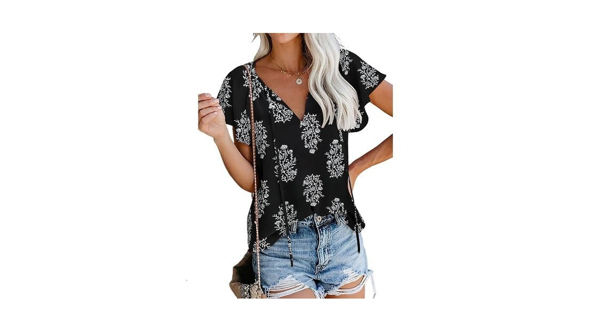 Women's Boho Tops Floral V Neck Short Sleeve Summer Blouse