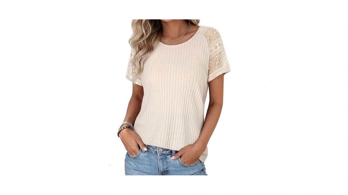 Pleneal Women's Short Sleeve Shirts Womens Summer Lace Tops Round