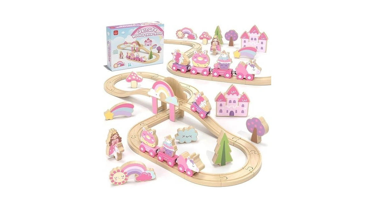 Lehoo Castle Wooden Train Set - Unicorn Train Set For