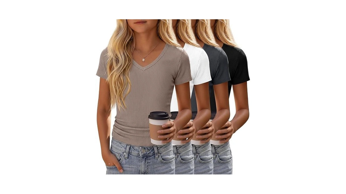 Yooaurvox 4 Pack Girls Short Sleeve Shirts Ribbed V Neck