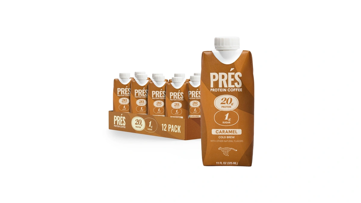 Pres Protein Coffee, Caramel, High Protein, Real Cold Brew, 20g