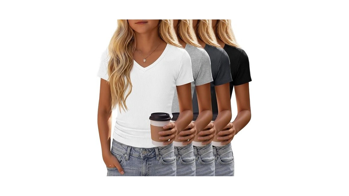 Yooaurvox 4 Pack Girls Short Sleeve Shirts Ribbed V Neck