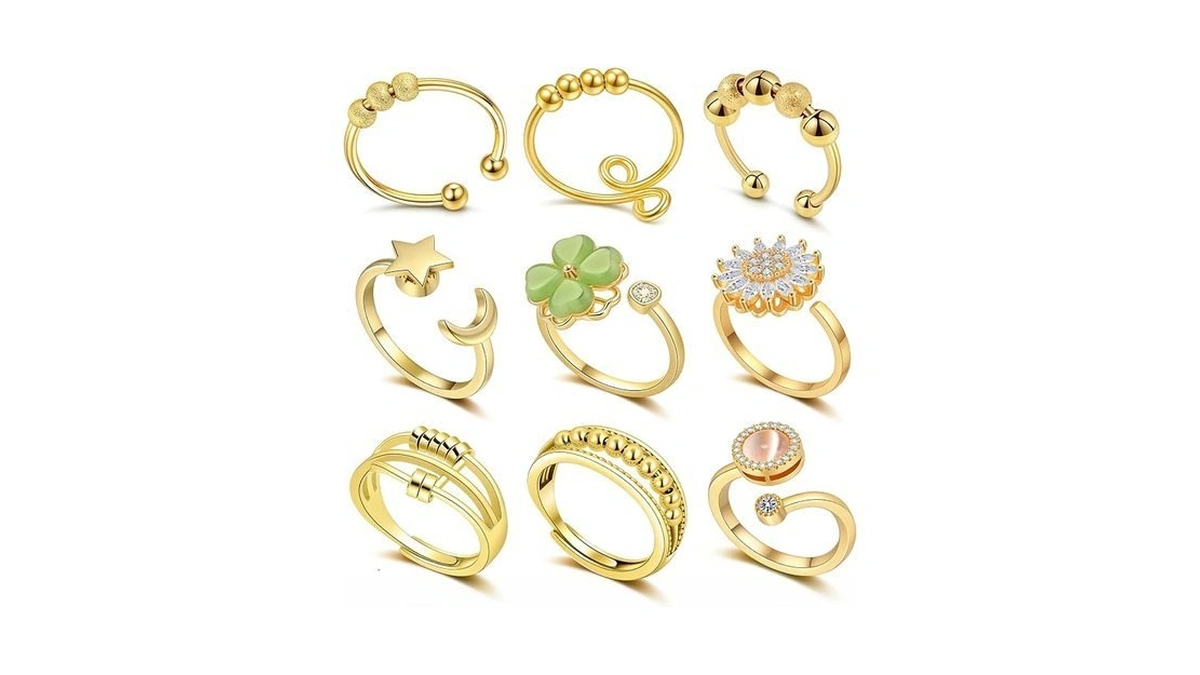 Liedrg 9pcs Gold Fidget Spinner Rings For Women, Adjustable Anxiety