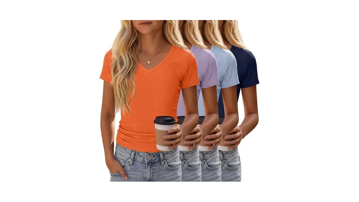 Yooaurvox 4 Pack Girls Short Sleeve Shirts Ribbed V Neck