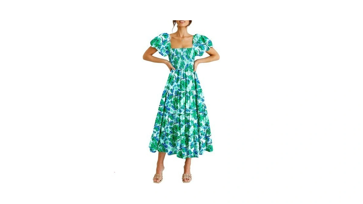 Prettygarden Women's Casual Summer Midi Dress Puffy Short Sleeve Square