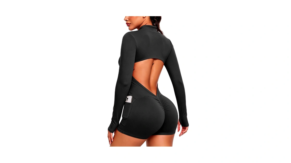 Seasum Women's Long Sleeve Open Back Workout Jumpsuit Side Pockets