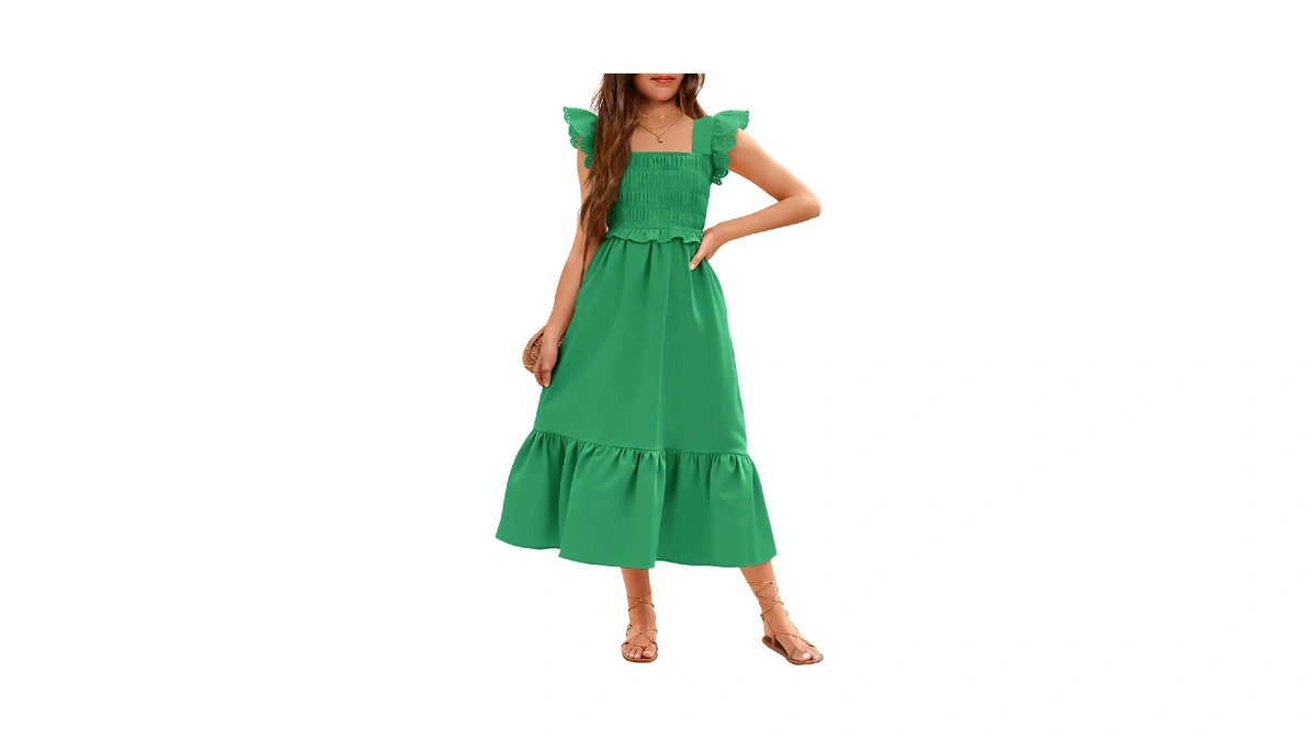 Haloumoning Girls Summer Dress Kids Ruffle Sleeve Square Neck Smocked