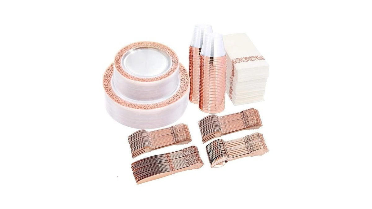 I00000 50 Guests Clear Rose Gold Plastic Plates - Disposable