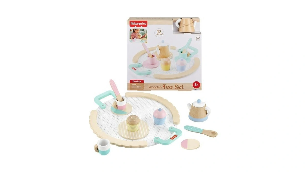 Fisher-price Wood Pretend Play Toy Tea Set, 12-piece Wooden Playset