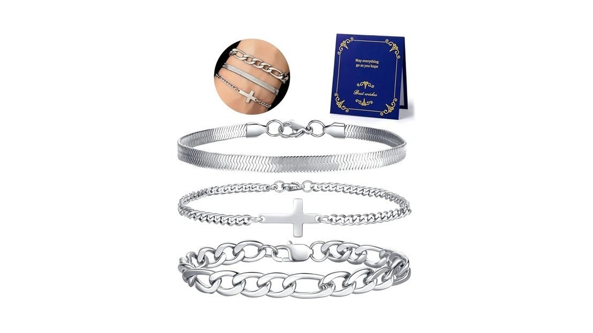 Qinjiejie Mens Silver Cross Bracelet Stainless Steel Bracelets For Men